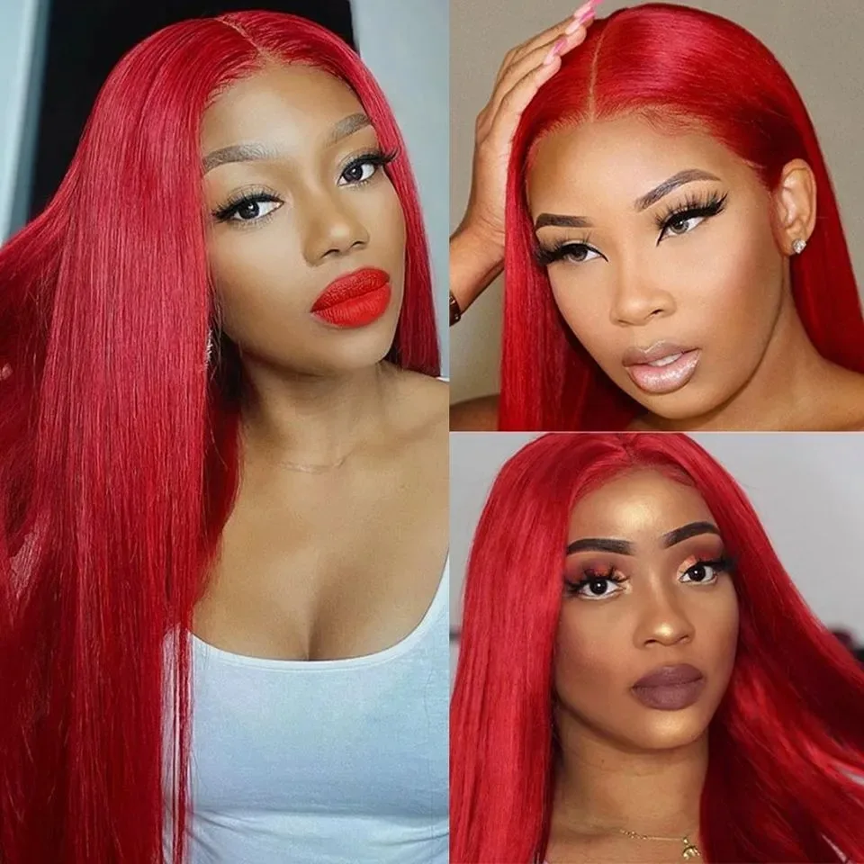 Free Part 32in Red Wig 13x4 Synthetic Lace Front Wig PrePlucked Glueless Long Straight Wigs For Women Heat Resistant Fiber