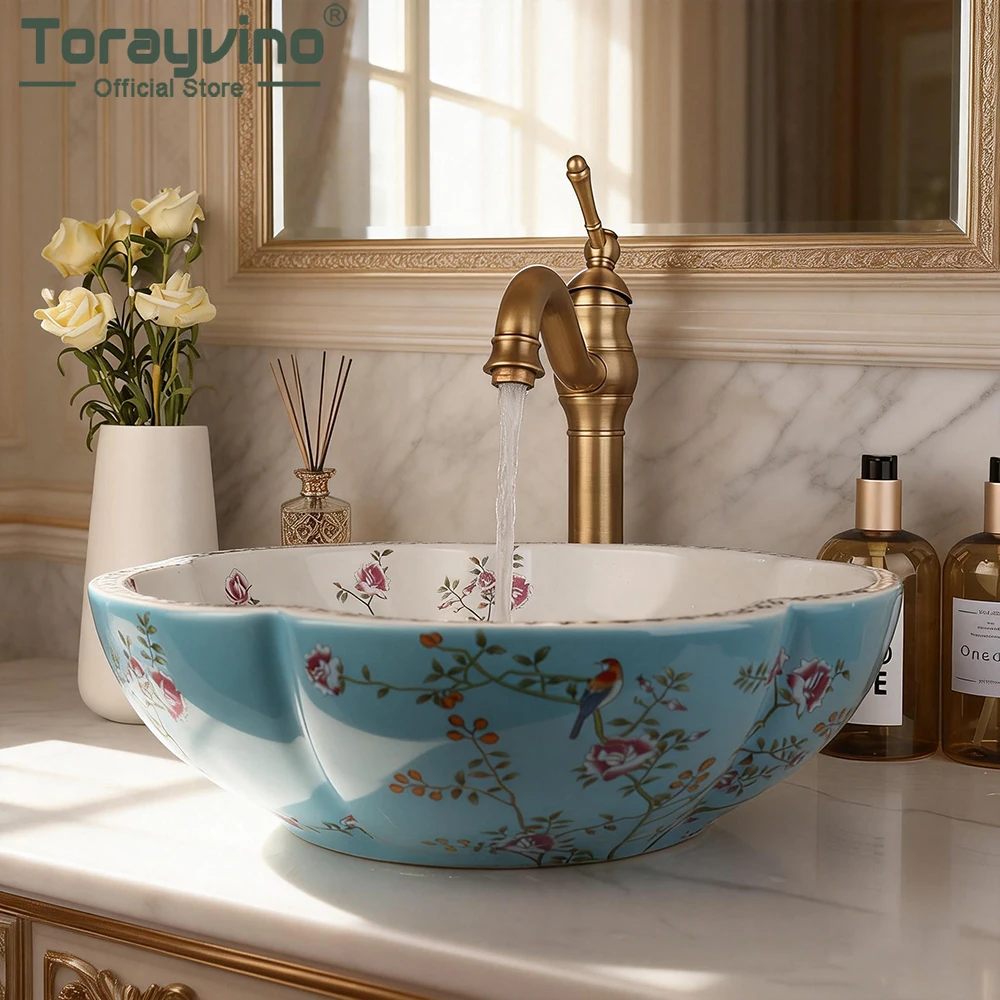 

Torayvino Bathroom Basin Vessel Sink White Ceramic Guest Freestanding Washbasin Washhand Stand Countertop Washbasins faucet tap