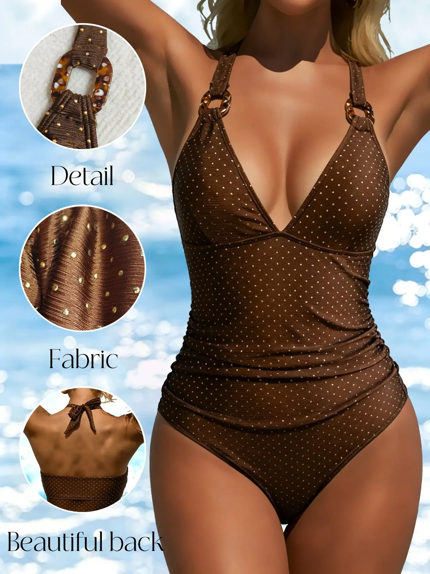 2026 Printed Halter Deep V One Piece Swimsuit Women Tummy Control Push Up Ruched Swimwear Beach Vacation Summer Bodysuit Outfits