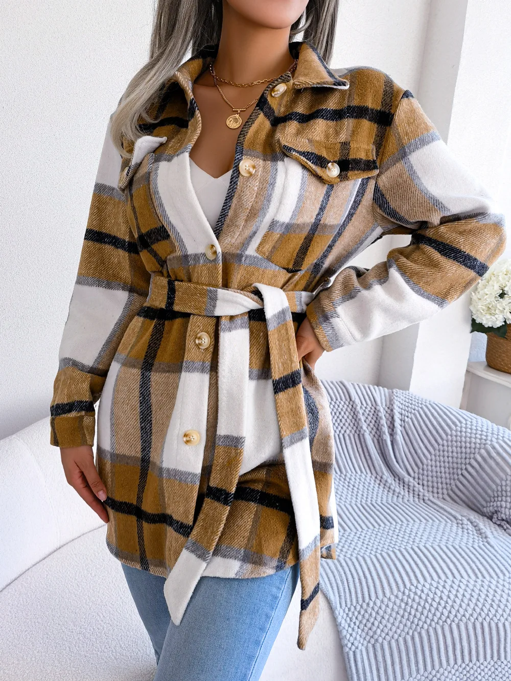 2025 New Fashion Retro Street Wear Casual Color Block Checkered Long Sleeve Tie-up Thickened Wool Coat Women's Clothing