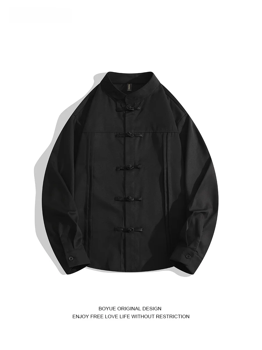 

Boyue Chinese Sle Stand Collar irt Long Sve Men Women Traditional Button Design Simple Mature High Quali Spring Faion