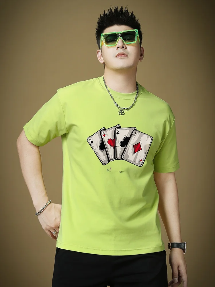 高級ポーカープリント半袖tシャツメンズファッションルーズフィット夏カジュアル綿ポリエステル混紡ラウンドネックトップ