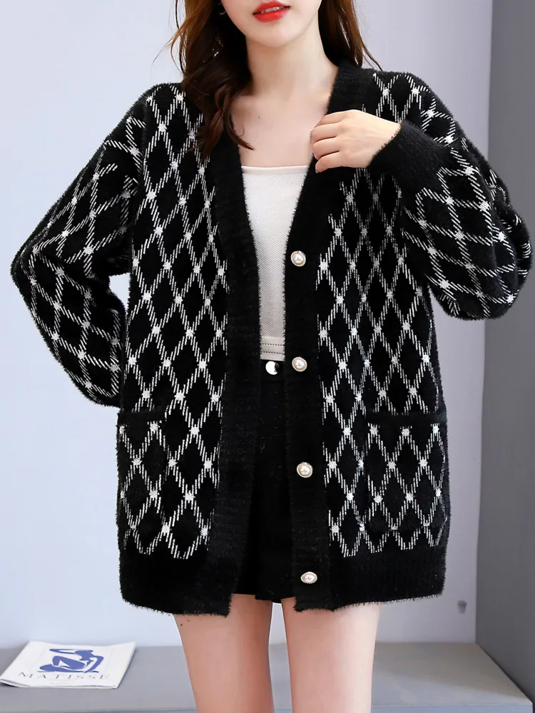 Sweater Coat Women Autumn Winter Lazy Style Solid Color Single-breasted Loose V Neck Knitted Cardigan Casual Fashion Coat New