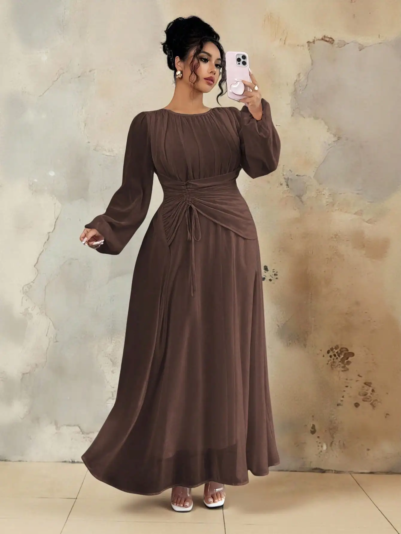 

Brown Long Sleeve Maxi Dress with Ruched Waist and Drawstring, A-Line Flowy Fit