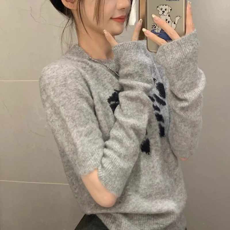 2024 Spring Autumn Women Korean Fashion Bow Jacquard Chic Knitwear Female Casual O Neck Kawaii Sweet Pullover Tops Ropa De Mujer