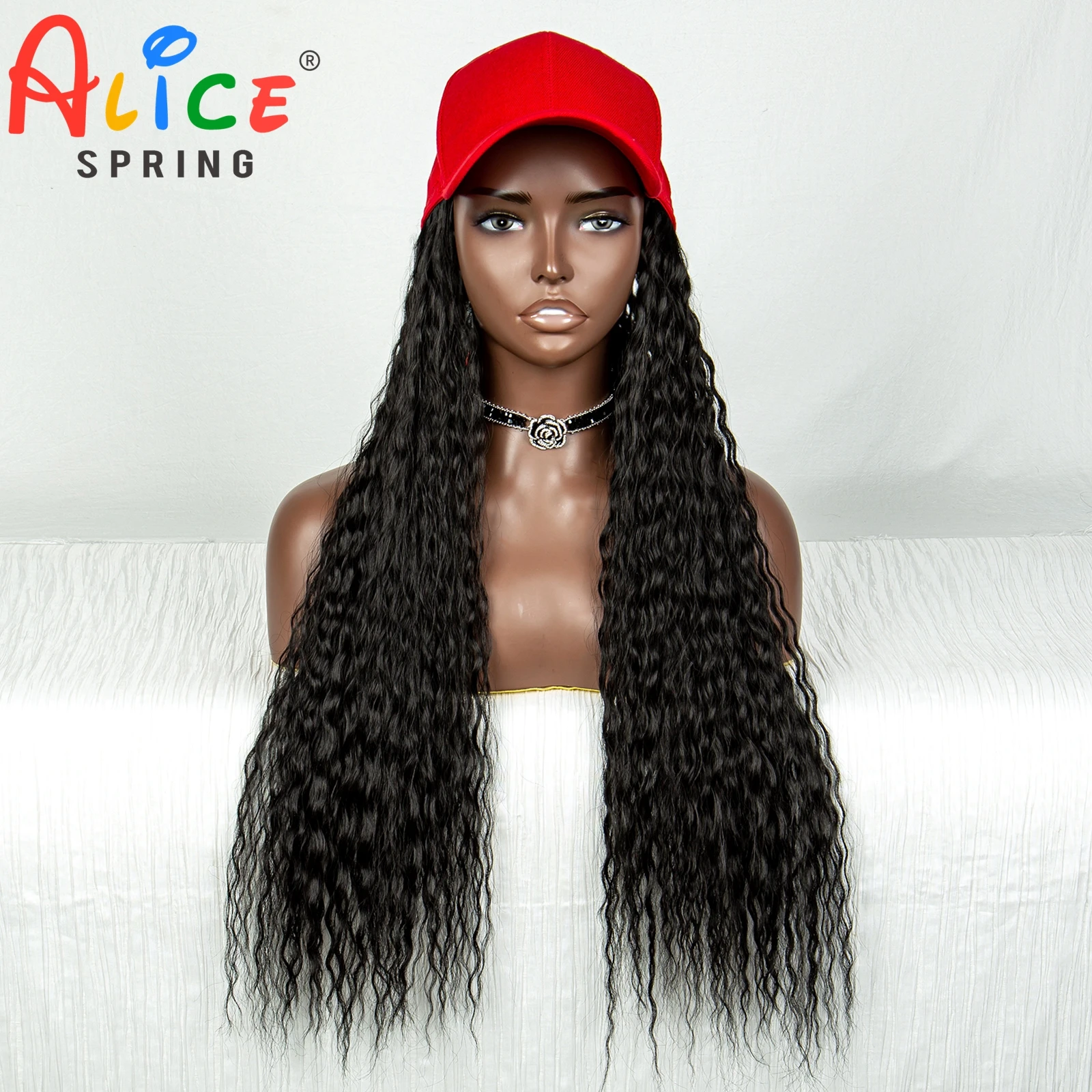 

Red Baseball Hat with 22 Inches Synthetic Kinky Straight Hair Extensions Connect Adjustable Hat Wig with Natural Hair for Women