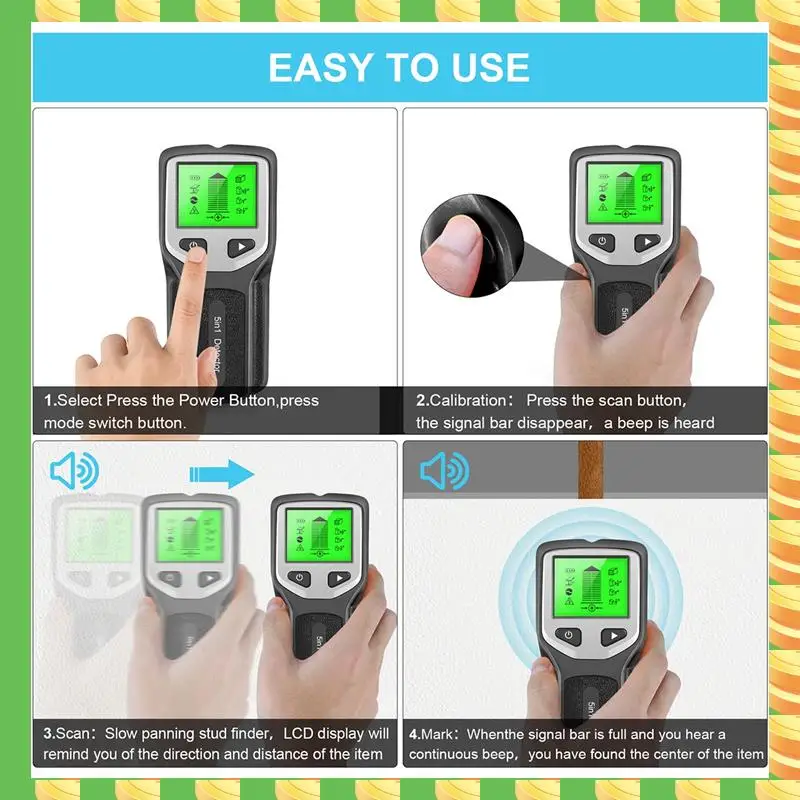 AB53 5-In-1 Studsเครื่องตรวจจับโลหะผนังเครื่องสแกนเนอร์ACไม้FinderสายไฟความลึกTrackerไฟฟ้ากล่องFinder Wallเครื่องตรวจจับReusabl