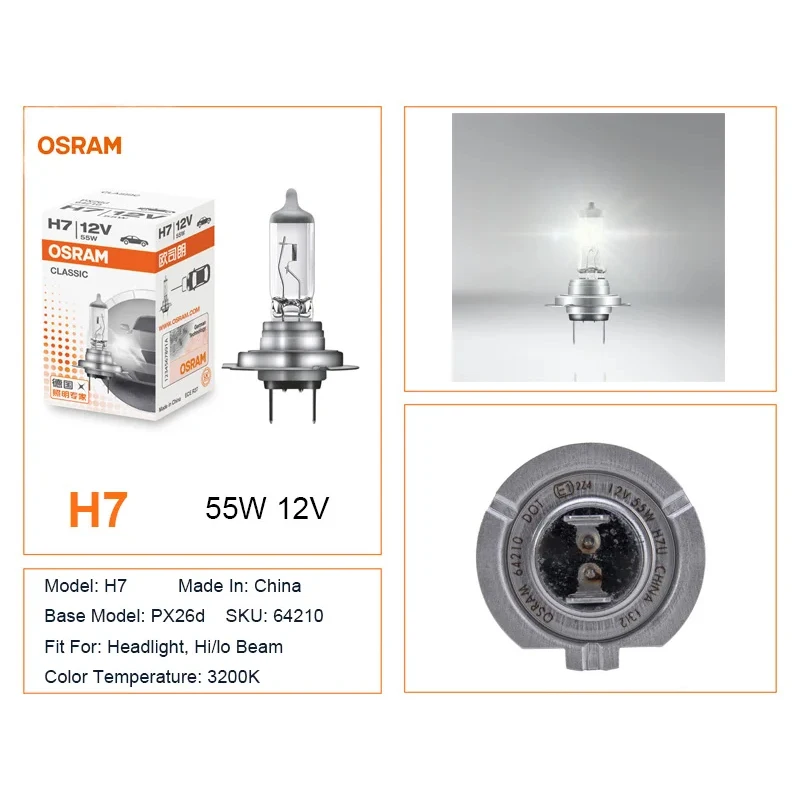 OSRAM H7 Standard Light Car Halogen Headlight Auto Bulb 3200K 12V 55W PX26d 64210 Original Lamp OEM Quality (1pc)