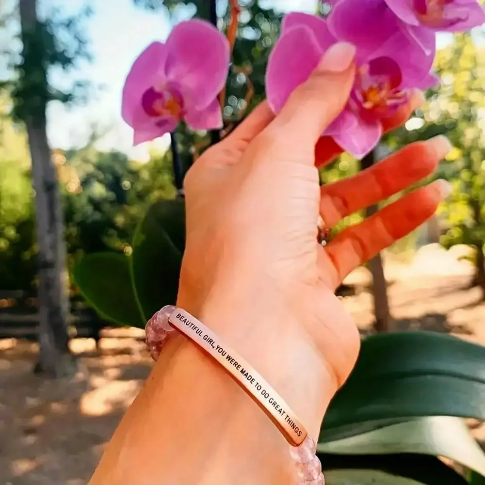 Delicate Female Bracelet With BEAUTIFUL GIRL YOU WERE MADE TO DO GREAT THINGS Engraved For Women Gift Pink Stone Bracelet