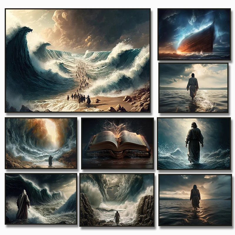 Moses Parting The Red Sea Canvas Painting Jesus Walking on Water Bible Art Poster Wall Art Picture for Living Room Home Decor