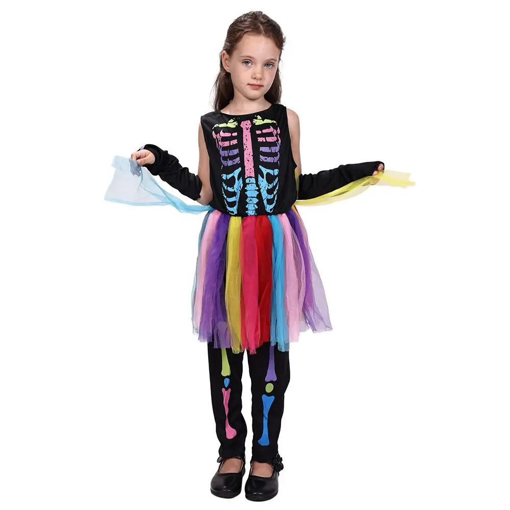 Girls Kids Halloween Colorful Skeleton Tutu Costume Set Short Sleeve Rainbow Tulle Dress For Trick Or Treat Cosplay Outfit view 3