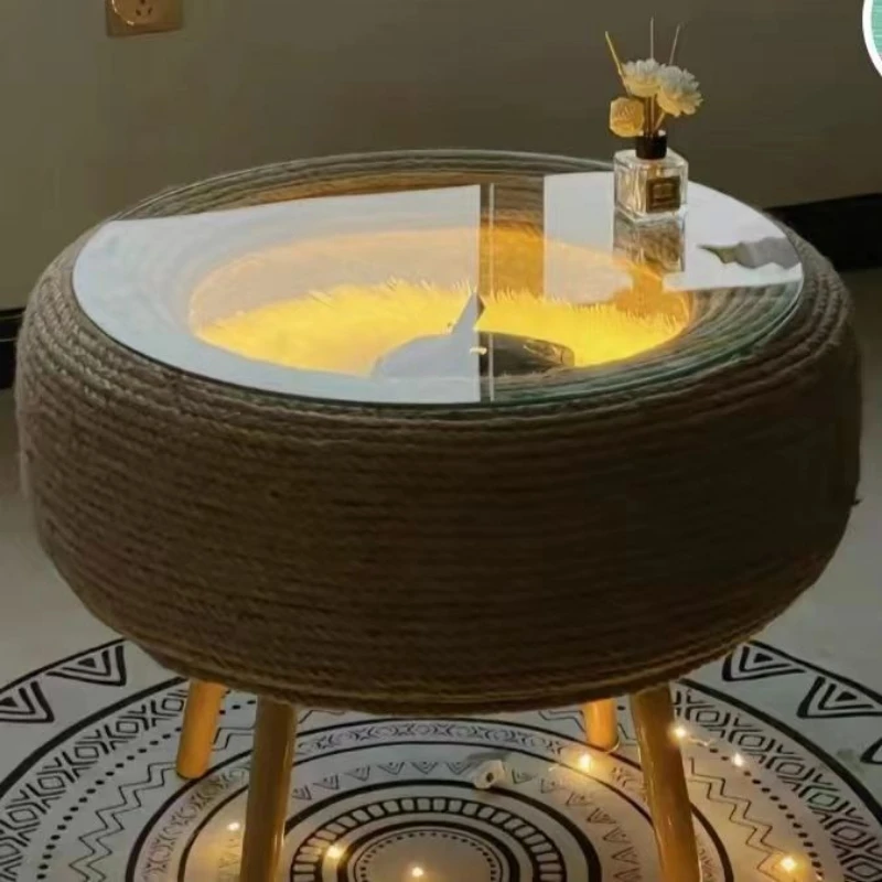 Internet celebrity tire new coffee table finished round living room minimalist tea table art creative handmade DIY hemp rope