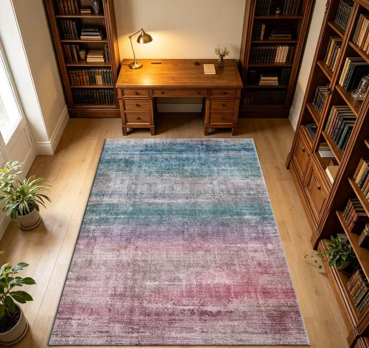 Vintage Distressed Gradient Carpet, Faded Pink-Green-Blue Abstract Pattern Washable Carpet, Suitable for Living Room and Bedroom