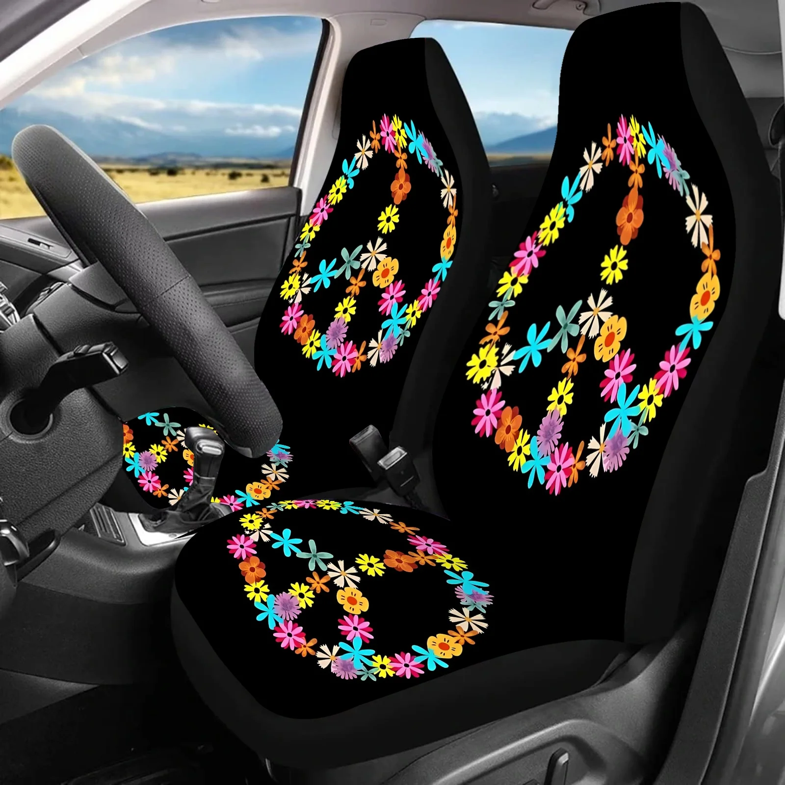 2pcs Floral Peace Sign Print Car Seat Covers For Women And Men, Universal Auto Front Seats Protector Fits For Car, SUV Sedan, Tr