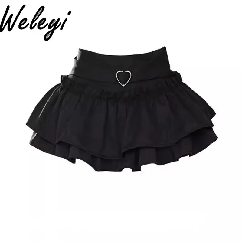 

Y2k Sweet Sexy Black Bud Short Tutu Skirt for Women 2024 Summer New Cut Clothes Female High Waist Love Heart Black Cake Skirts