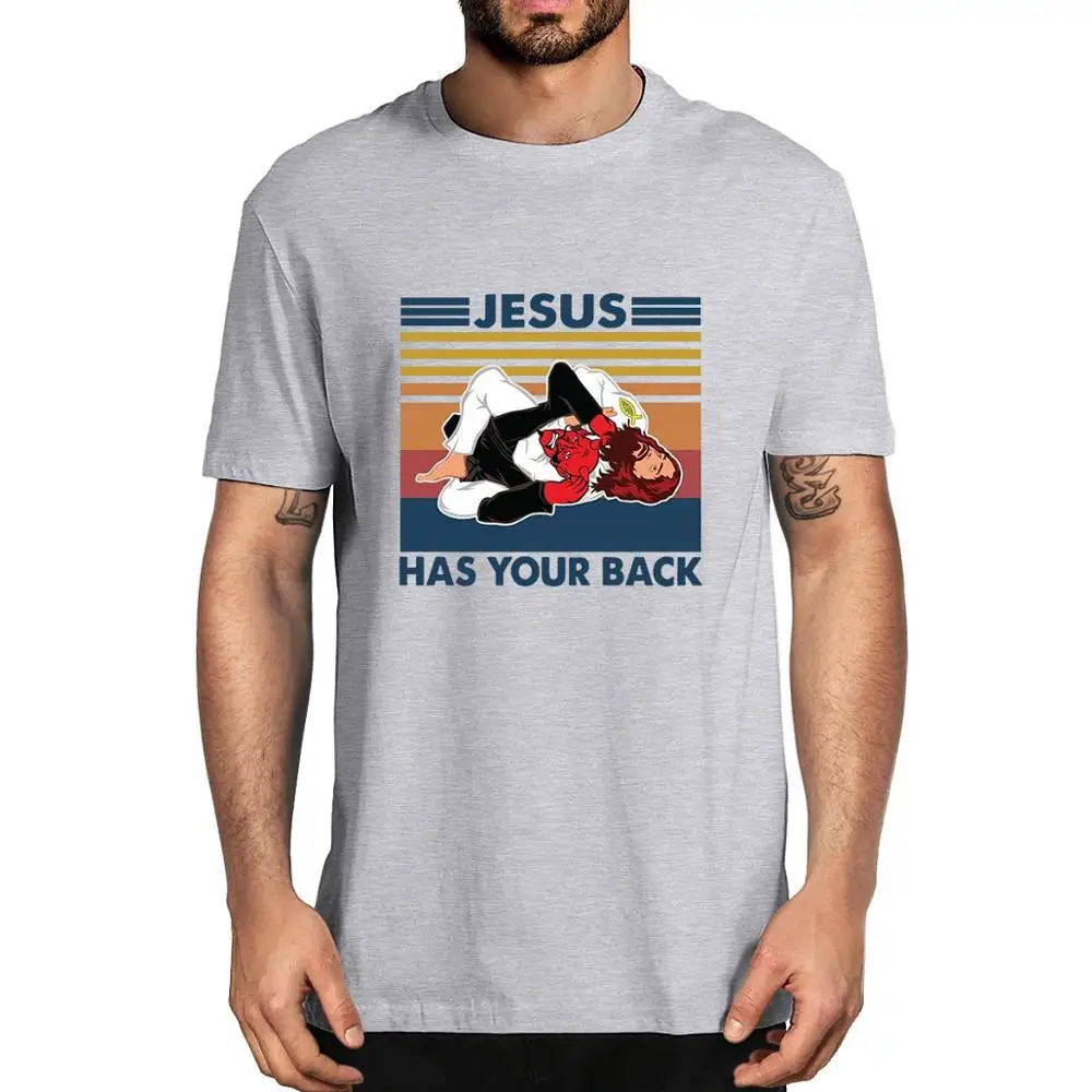 XS-3XL JIU JITSU Jesus Has Your Back Funny Christian Satan Gift 2020 fashion summer top Vintage Men's cotton T-Shirt women tee