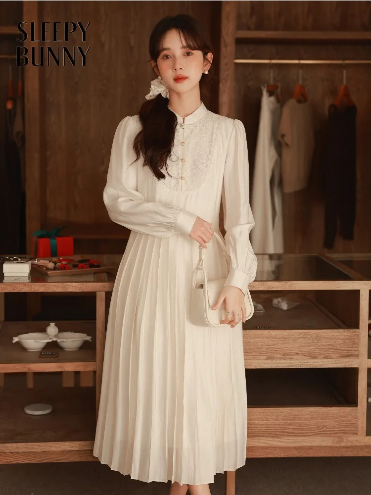 Elegant Lace Pleated Dress Vintage Chinese Style Midi Dress Long Sleeve Slim Sweet A-Line Dress for Women Spring Autumn Outfit