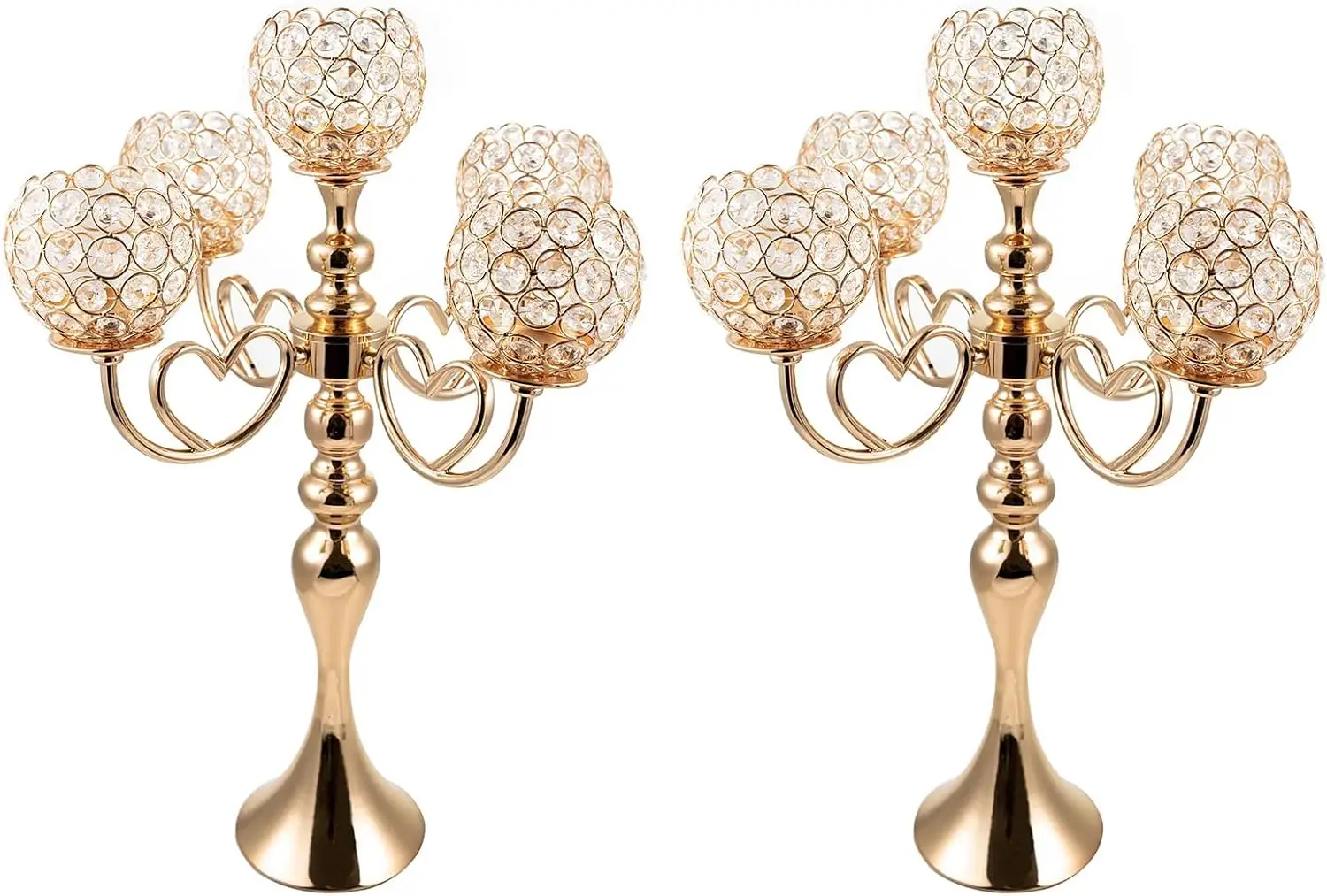 2 Pack 5 Arm Crystal Candelabra Centerpieces 21.5 inch, Gold Metal Candle Holder Stand with Crystal Bowl, Tall Candlestick for Wedding Reception Party Table Decor
