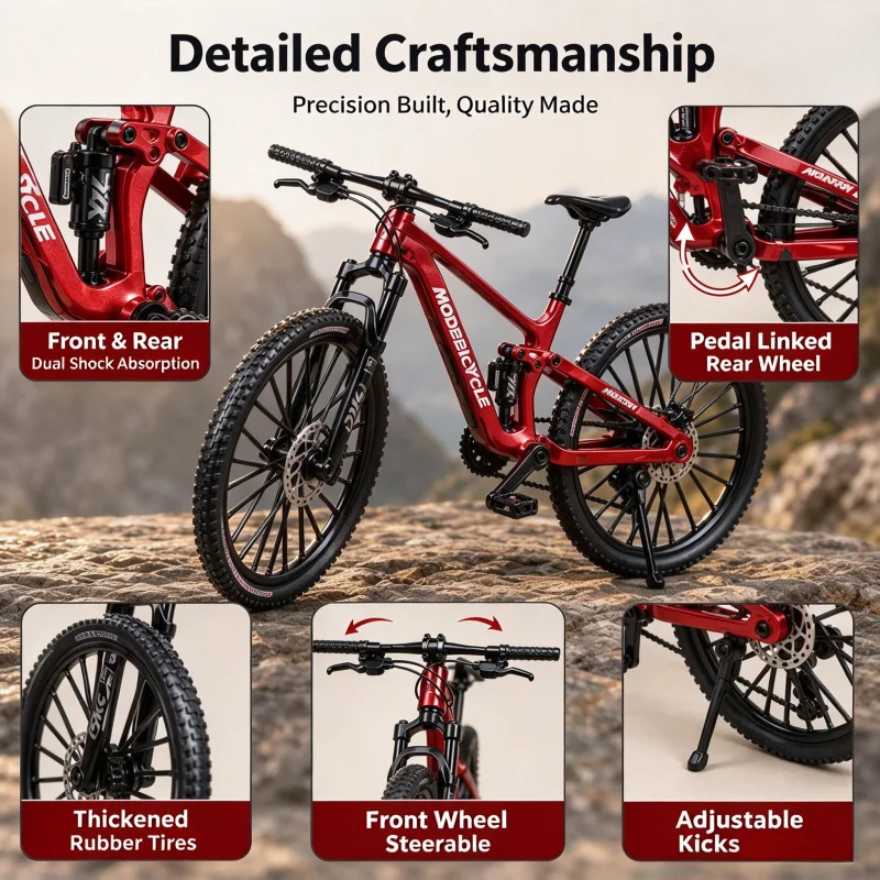Alloy Mountain Bike Model, Dual Shock Absorption Bicycle Replica with Thick Rubber Tires, Pedal Linked Rear Wheel, Desktop Colle