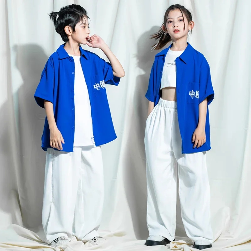 Disfraz de baile de Jazz para niños, ropa de calle para escenario, trajes de Kpop para adolescentes, ropa de Hip Hop, camisa azul, Tops, pantalones holgados