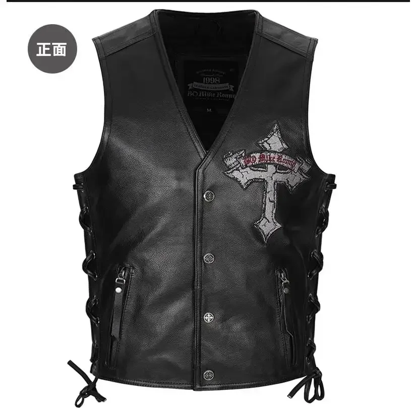 Free shipping.Summer Skull Embroidery cowhide vest.Classic motor rider real leather vests.skeleton brand quality jacket