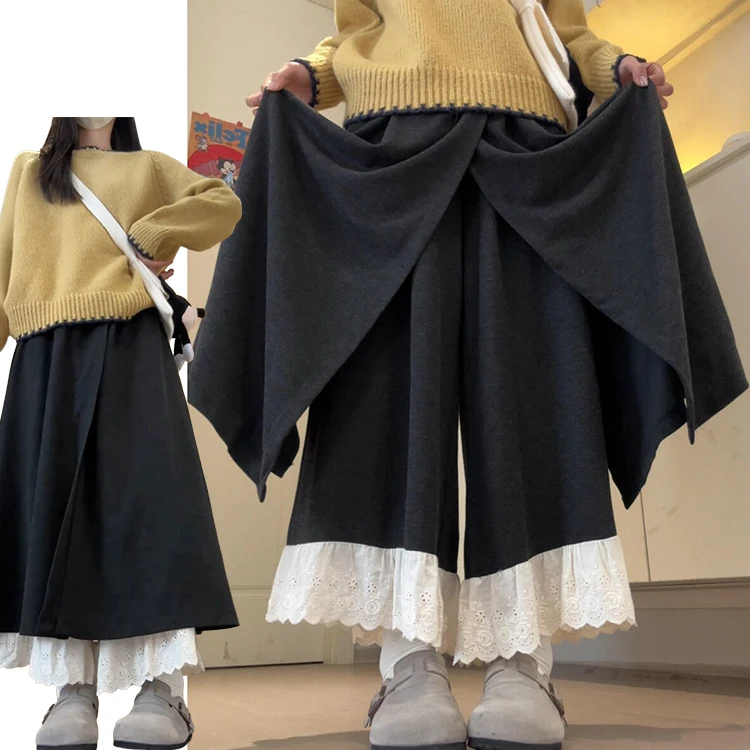 กางเกงลำลองเอวสูงผ้าลูกไม้สำหรับผู้หญิง ฤดูใบไม้ร่วง ฤดูหนาว แฟชั่นใหม่ ป้องกันริ้วรอย ไซส์เล็ก กระโปรงกางเกงแบบต่อผ้า สไตล์สบายๆ