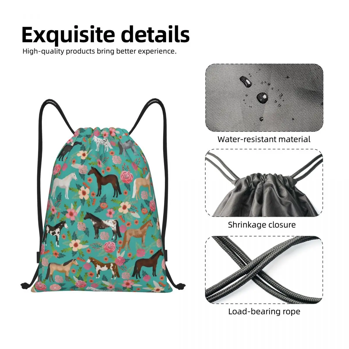 Horses Floral Drawstring Backpack Women Men Gym Sport Sackpack Foldable Horse Breeds Farm Animal Pets Training Bag Sack