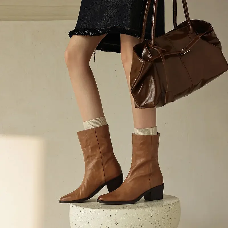 Genuine Leather Mid Calf Boots Women Square Toe Chunky Heel Western Cowboy Boots Vintage Distressed Cowhide Autumn Winter Shoes