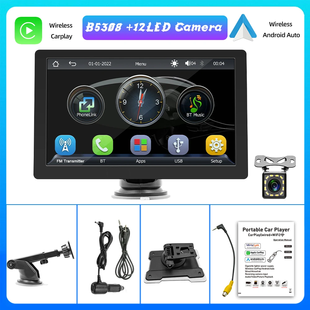 

Portable 9" Apple CarPlay Touch Screen HD Display Bluetooth 5.0 FM Radio Wireless/Wired Car Stereo