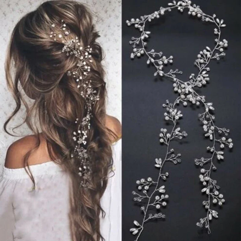 Women Pearl Hairpins Hair Clips Bridal Tiaras Hairbands Bridesmaid Diamante Hair Vine Barrettes Wedding Jewelry 35cm Headwear