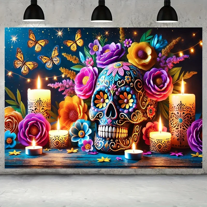 1pc Polyester Day of the Dead Banner-Skull and Flowers Party Decoration, No Electricity Needed-Dia de los Muertos Photo Backdrop