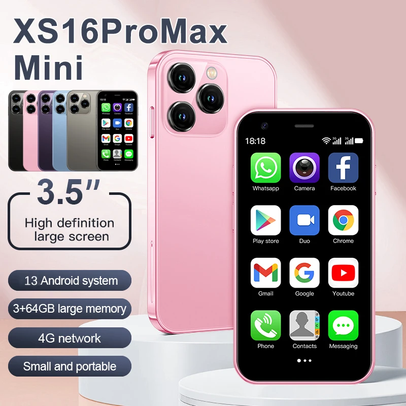 هاتف ذكي XS16 ProMax Mini Android 13، شاشة 3.5 بوصة، ذاكرة وصول عشوائي 3 جيجابايت، ذاكرة قراءة فقط 64 جيجابايت، شرائح مزدوجة، وضع الاستعداد، متجر اللعب، 4G