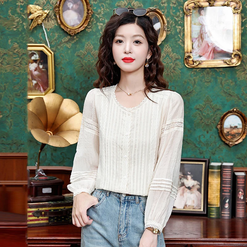 

Vintage Women's Blouses Solid Casual Chiffon Shirt Fashion Loose Spring/summer Korean Clothing Long Sleeves Lace Women Tops