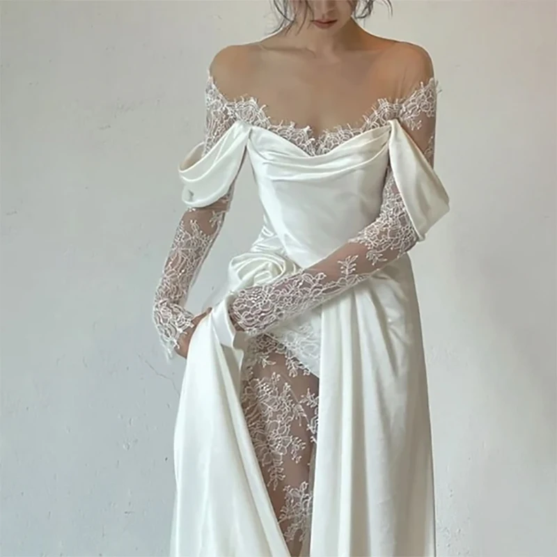 Elegant White O-Neck Dress For Wedding Lace Long Sleeves  A-Line Floor Length Side Slit  Bridal Gown Customized