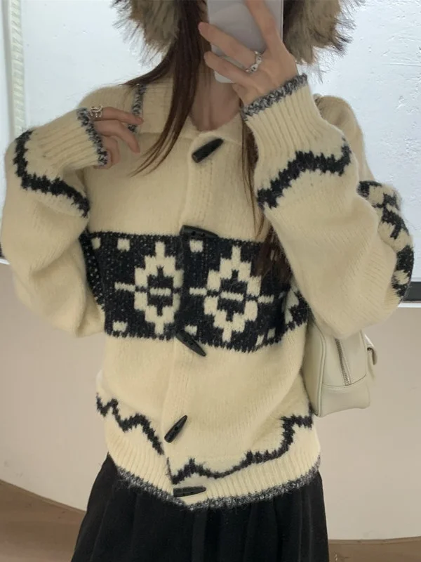 

Retro Lazy Sle Knitted Open Cardigan Women's Loose Sweater Outerwear Chic Initial Winter Buttoned Color Blo Floral Design