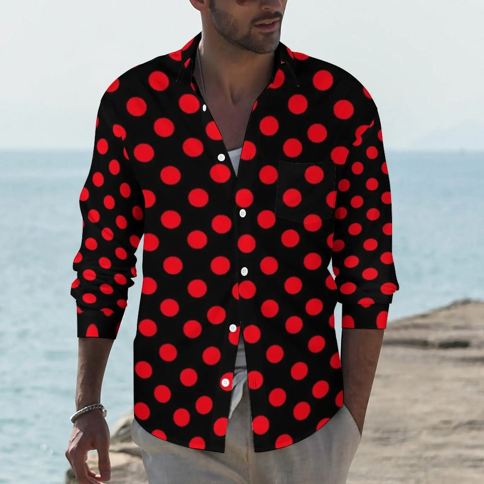 Red Polka Dot Casual Shirts Mens Vintage Spots Print Shirt Long Sleeve Retro Street Blouses Autumn Custom Top Big Size 3XL 4XL