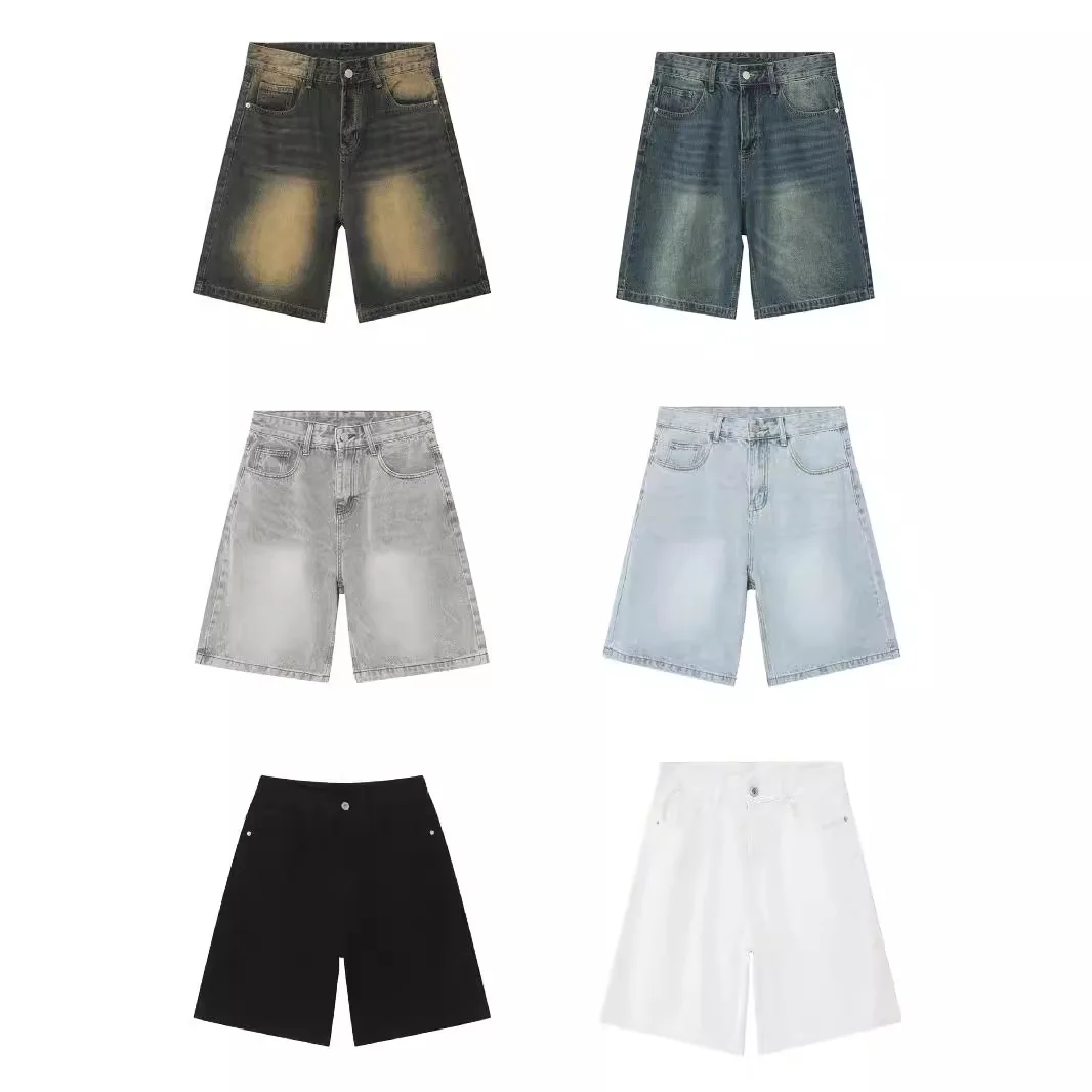 Summer Men Vintage Washed Blue Denim Shorts Loose Straight Leg Five-Point Pants Mid High Waist Trendy Casual Hot Pants