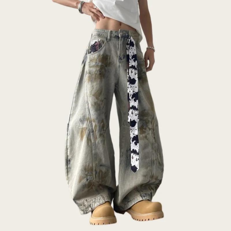 

2026 American Retro Y2K Style Tie Dye Washed Baggy Jeans Pants For Men Clothing Wide Leg Cotton Long Trousers Pantalon Hombre