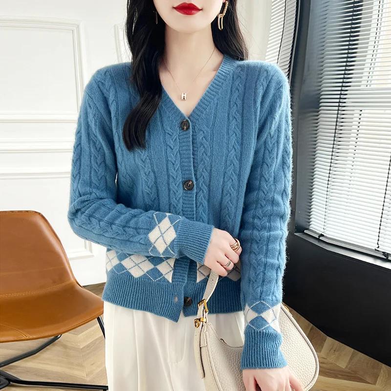 100% Wool Cashmere Cardigan Sweater Women\'s Autumn/Winter V-Neck  Knit Long Sleeve Casual Loose Clothing Korean Fashion Pullover