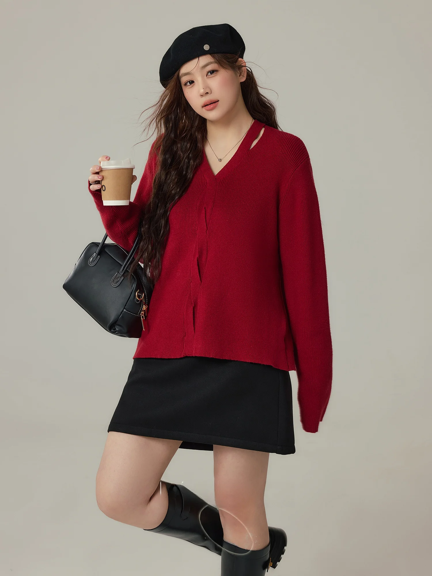 

Свободный красный свитер витой вязки для женщин больших размеров, осень-зима, повседневный топ V-Ne Long Sve от MONIKADM