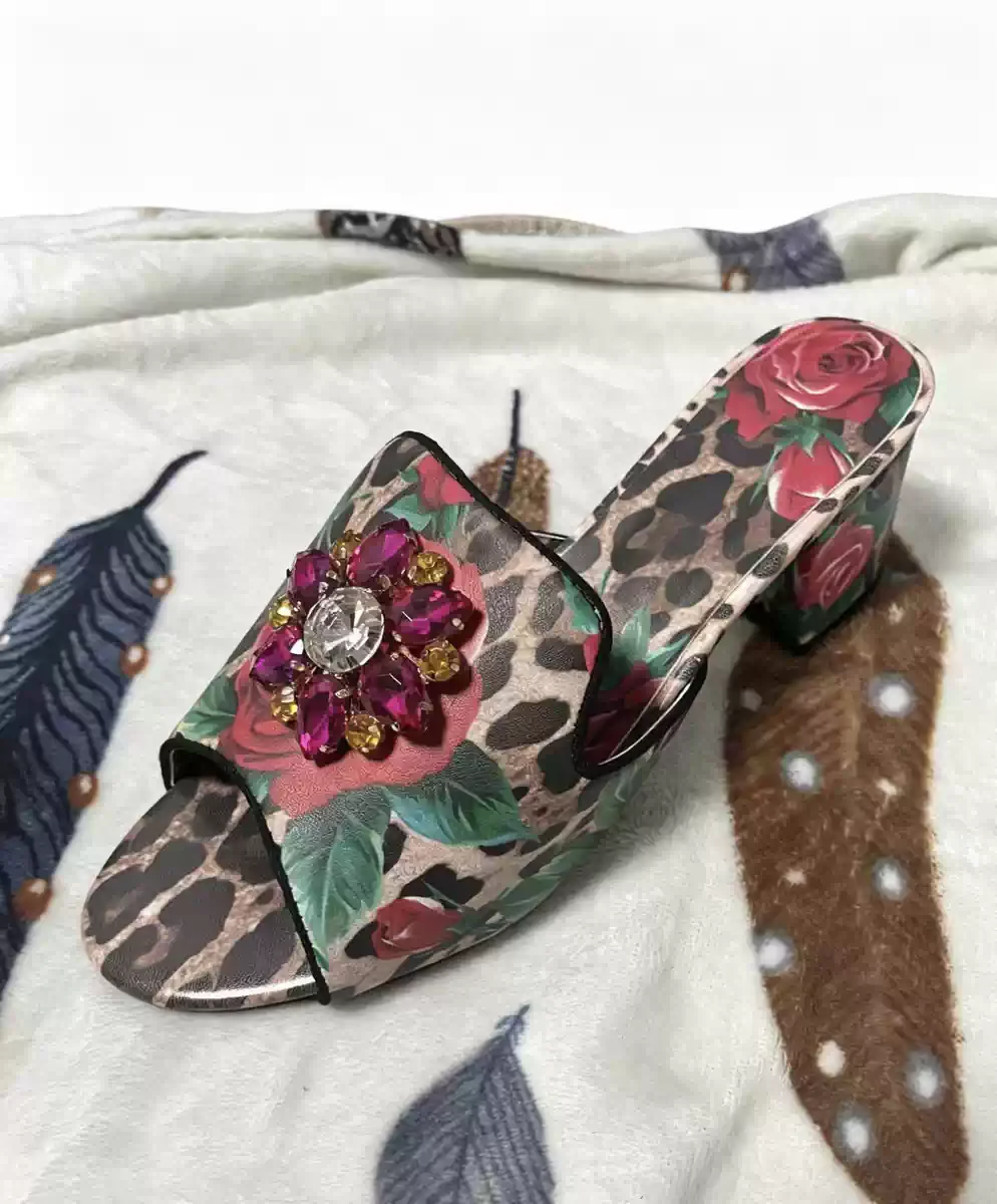 Summer New Women's Leopard Floral Print Mule Slides Rhinestone Flower Chunky Block Heel Slip On Beach Vacation Bohemian Slippers