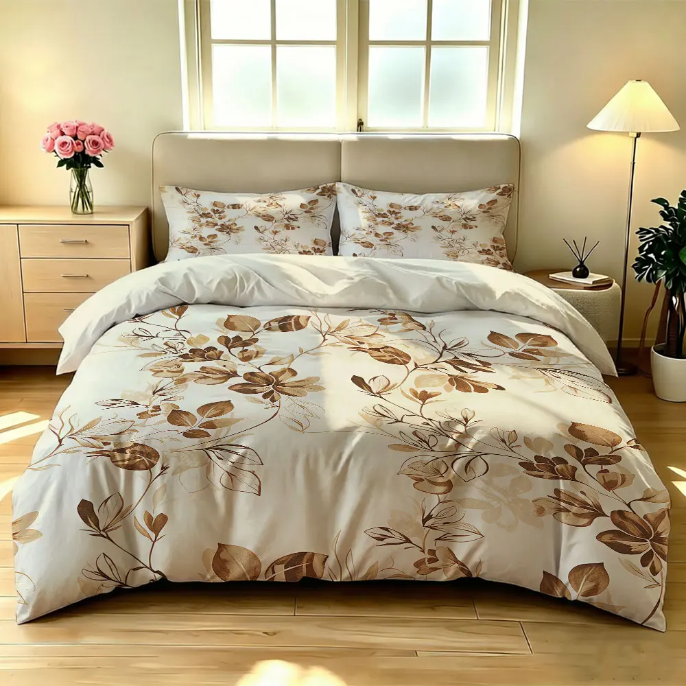 A set of 3pcs retro brown-toned bedding sets featuring branches, leaves, and flowers, made of soft, coreless bedding material