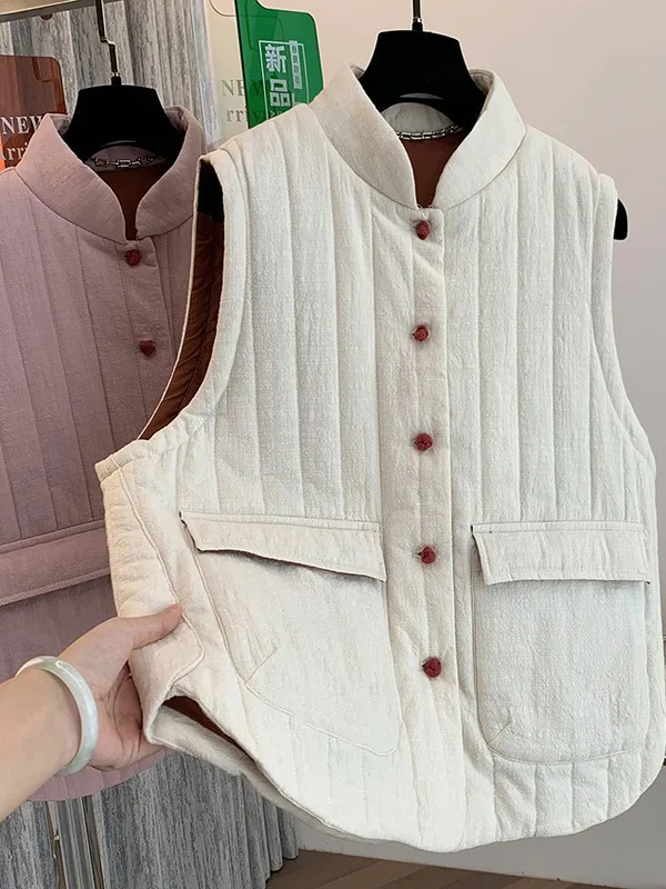 Retro Artistic Linen Cotton Vest Women's Faion Outerwear Thiened Winter Coat Multi-layered Wearable Commute Sle
