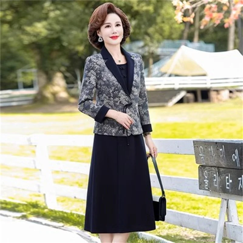 2024 New Mom Autumn Style Set Skirt For Middle Aged And Elderly Spring And Autumn Seasons Print Flower Blazer+Dress Two Piece Se