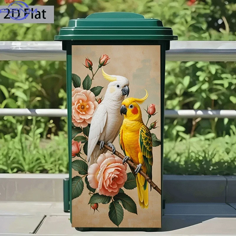 [2D Flat Printing] 1pc Trash Can Sticker  Parrot And Rose Theme Design Wall Sticker Decoration Wallpaper Self-Adhesive Kitchen