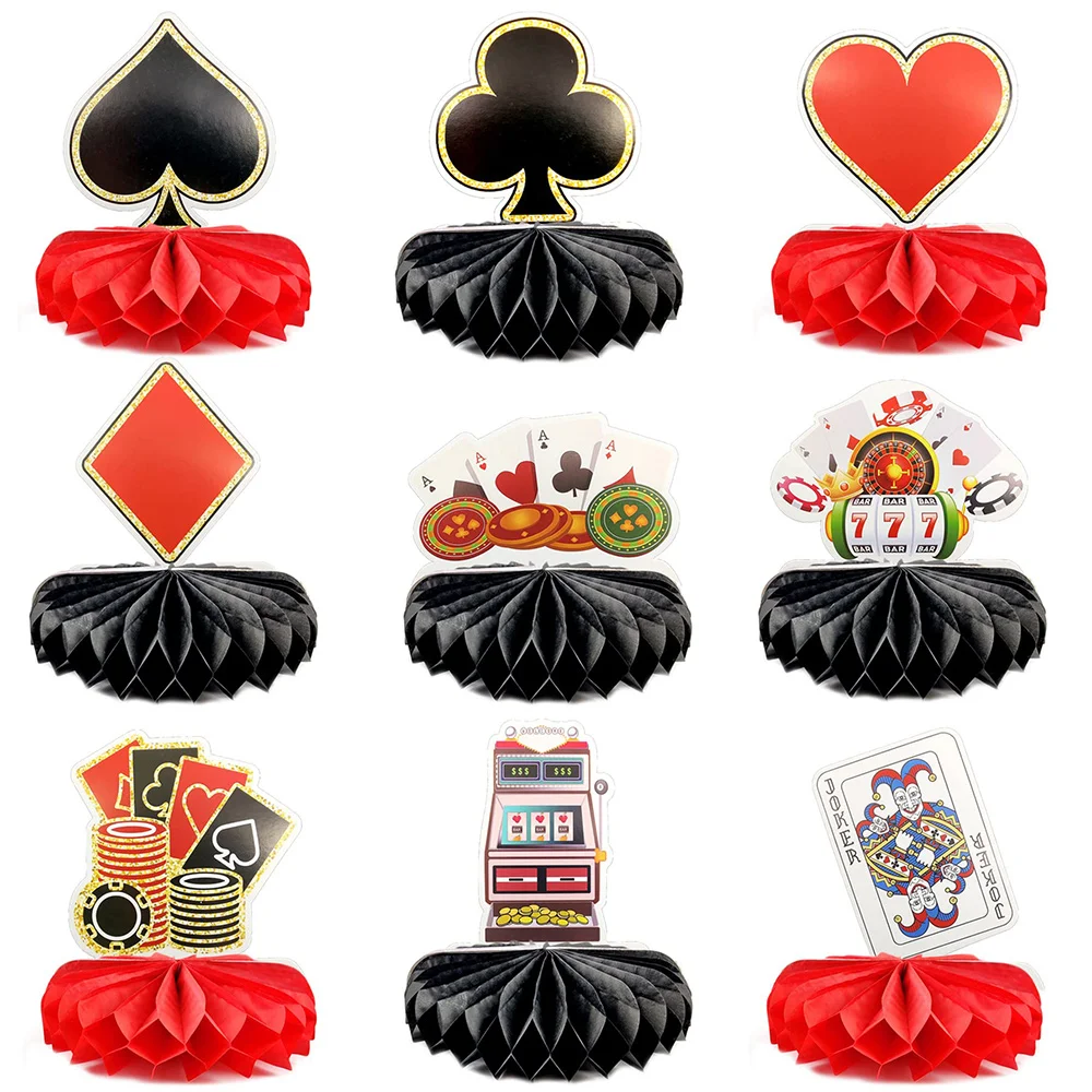 9 Pieces Casino Honeycomb Centerpiece Poker Vegas Birthday Party Decoration Red Black Themed Supplies