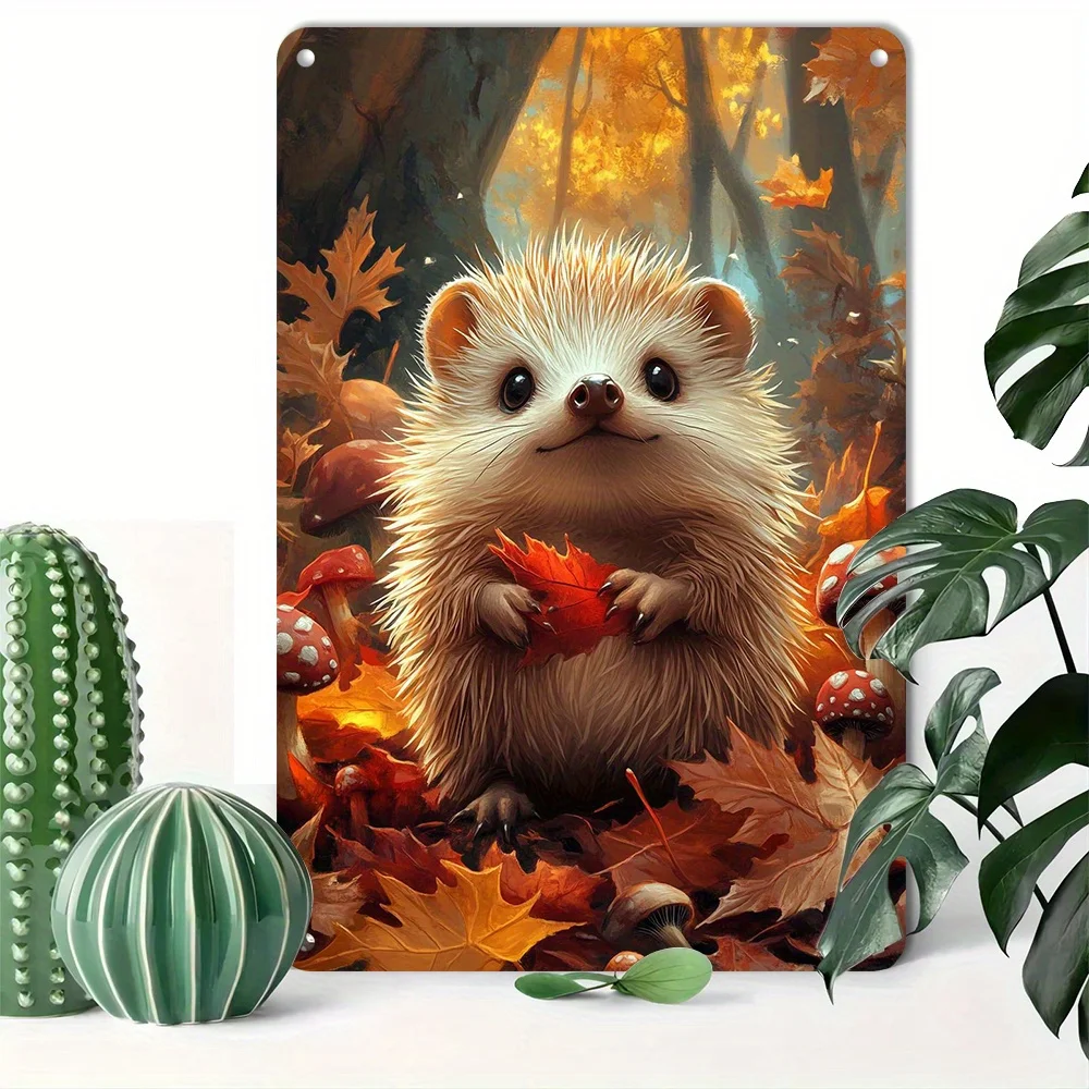 Charming Hedgehog Forest Scene 8x12 Inch Vintage Iron Wall Art  Easy Installation Perfect for Home  Bar Decor