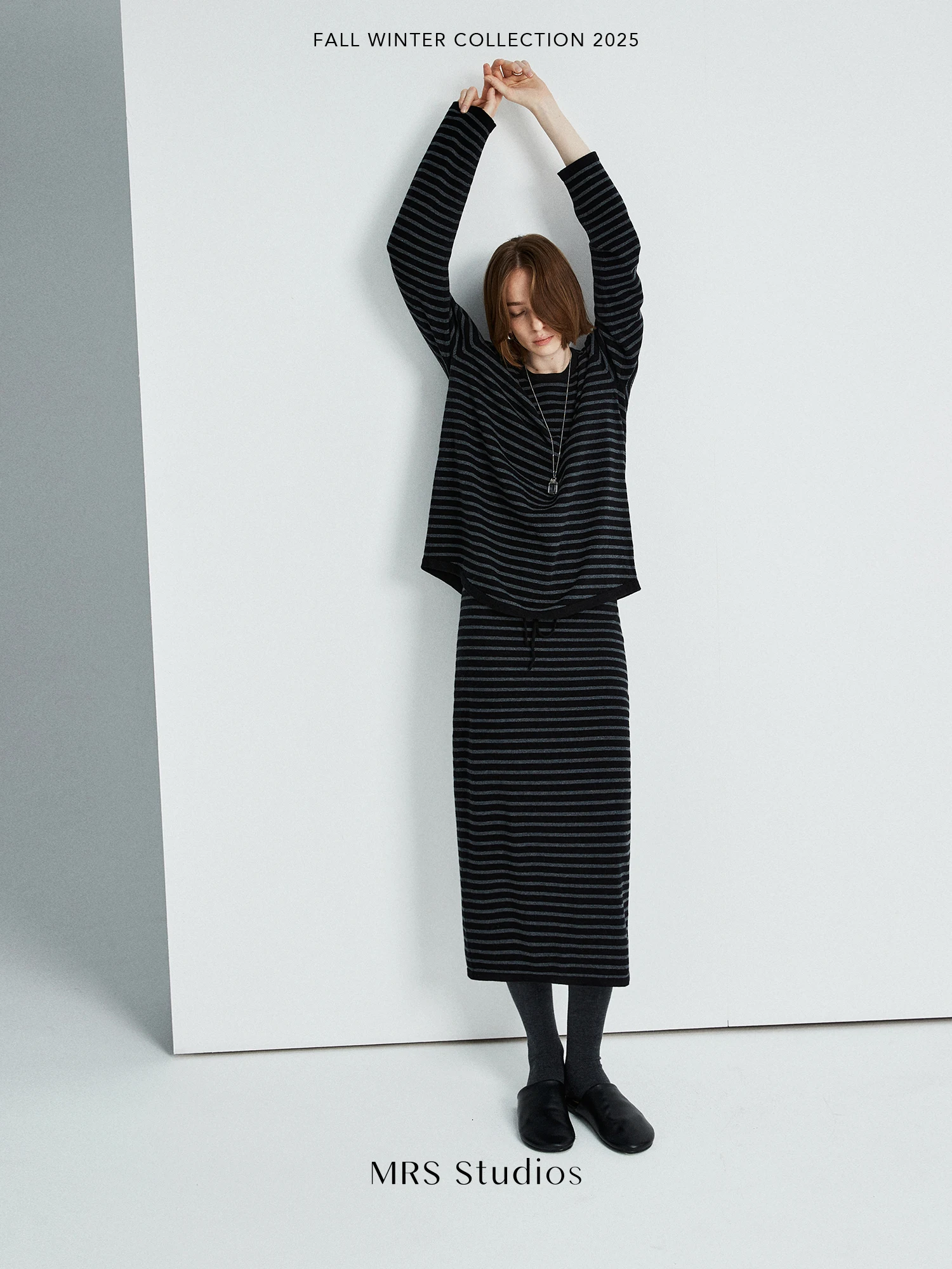 

Classic Bla ey Stripe Knitted Sweater with Dstring Straight Leg Split Ba Skirt by MRS Studios Ladies Woolen Long Sle...