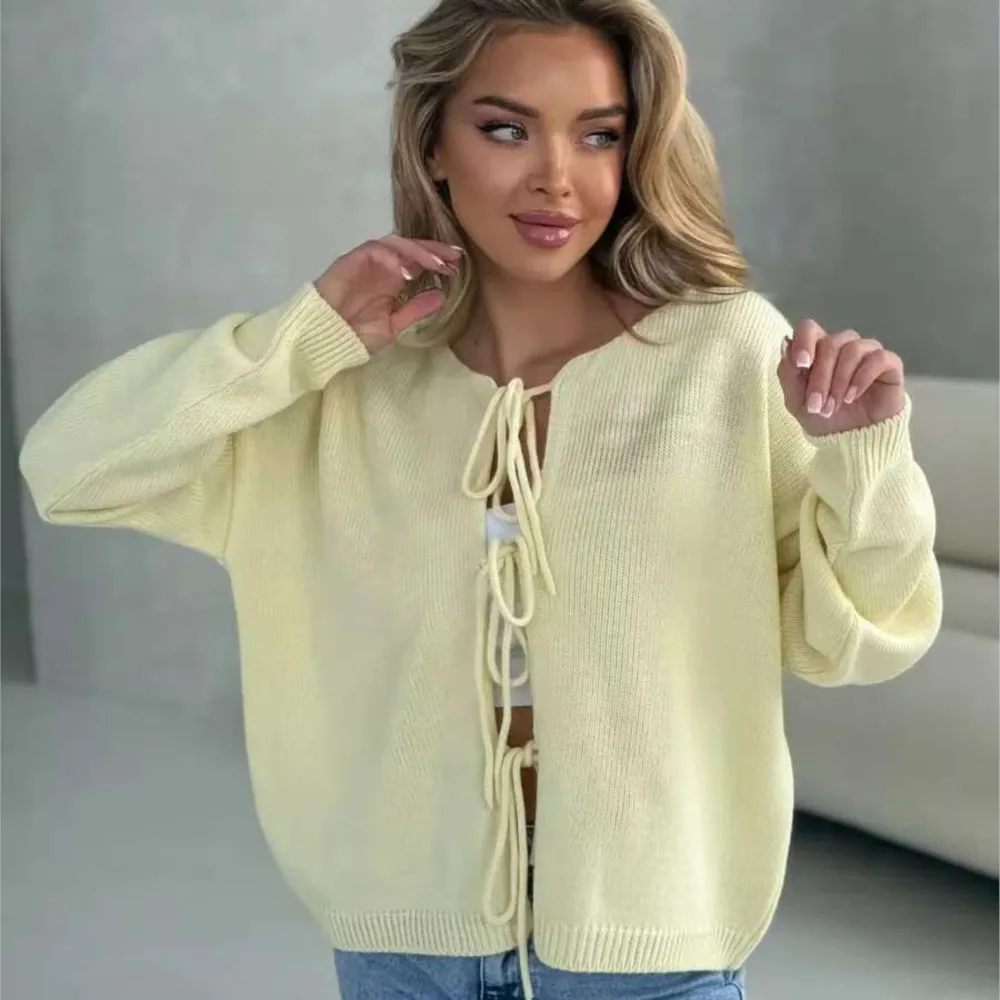 

Clothes Woman Pulls Femmes Lace-up Knitted Cardigan Loose Round Neck Long Sleeve Sweater For Women All-match Loose Simple Style