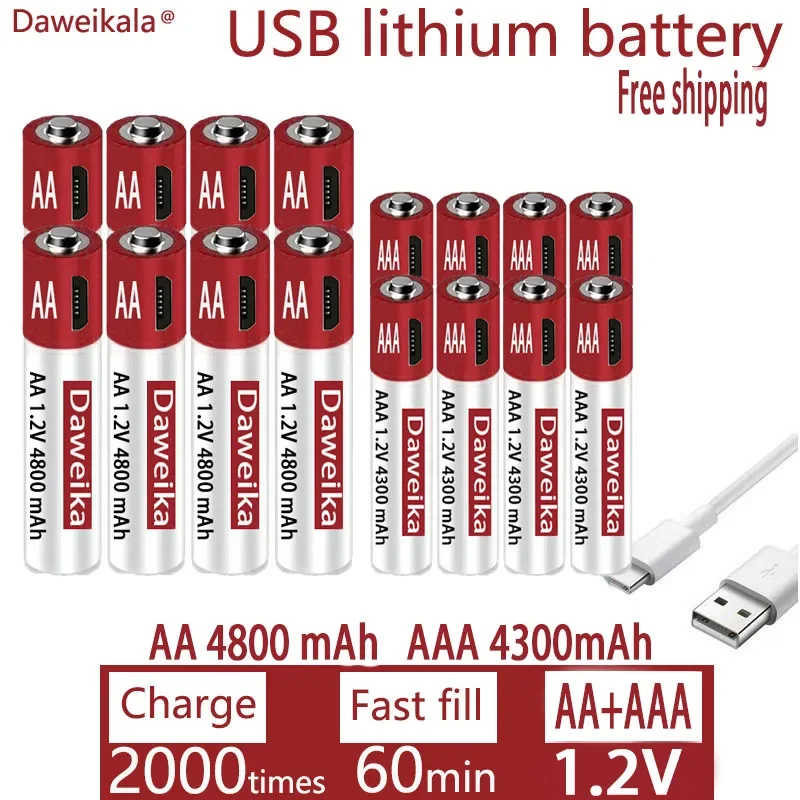 AA + AAA USB ładowanie 1.2V AA 4800mAh akumulator litowy zdalnie sterowana bateria do zabawek myszy